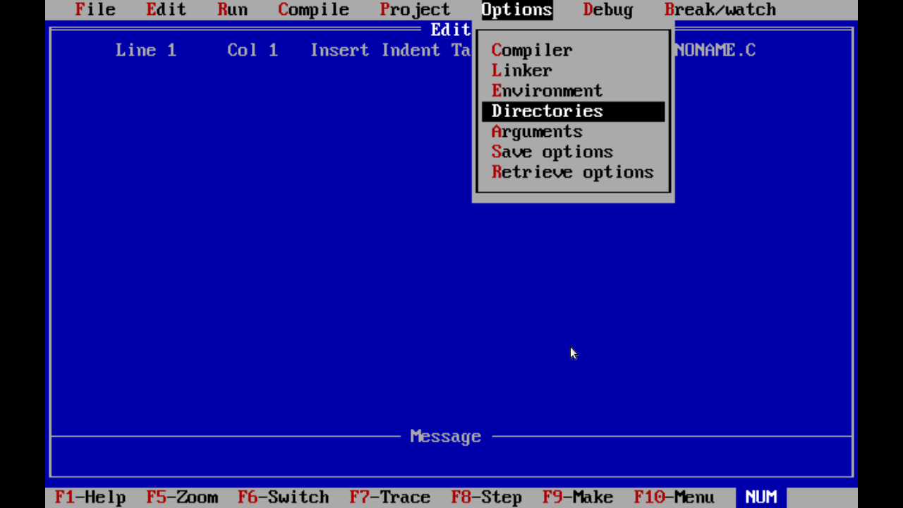 TurboC with the Options Menu selected and the Directories entry highlighted.