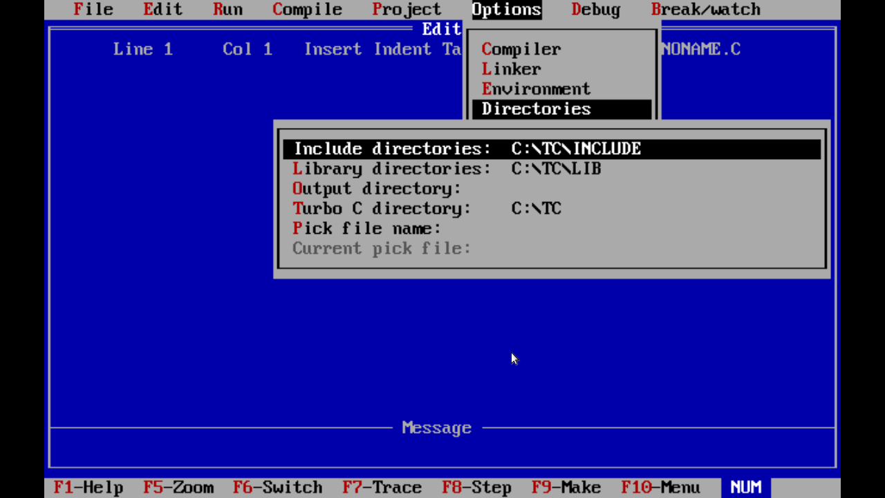 TurboC with a pop up, showing entries of Include Directories, Library Directories, and Turbo C Directory configured to C:\TC\INCLUDE C:\TC\LIB and C:\TC