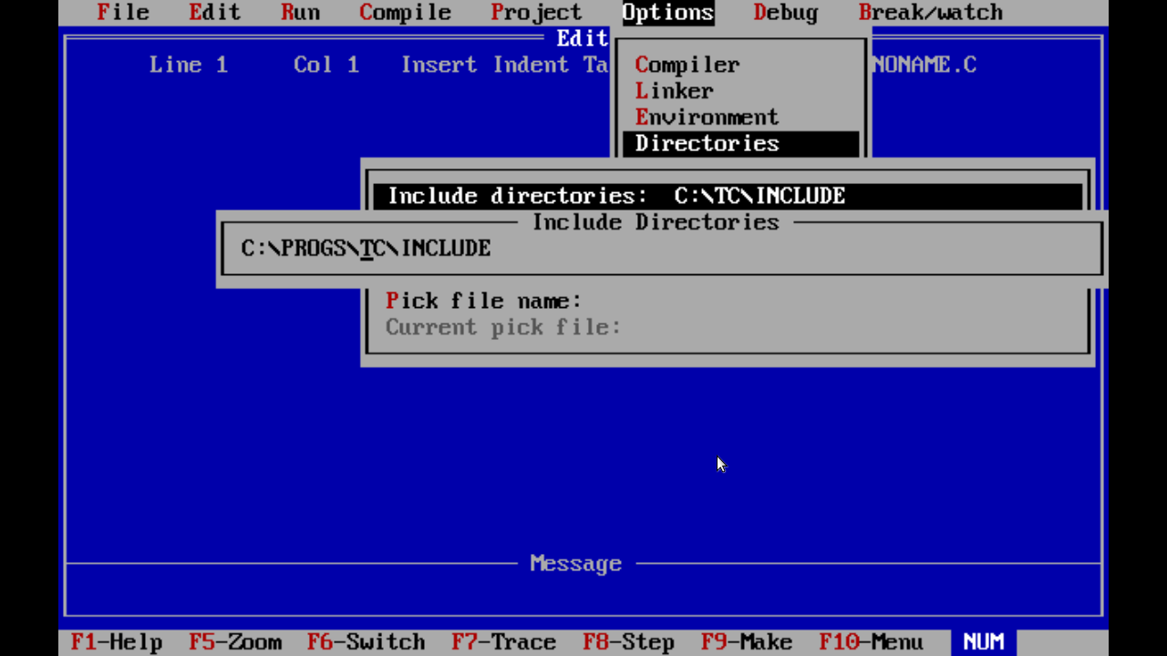 TurboC with a pop up, showing C:\PROGS\TC\INCLUDE