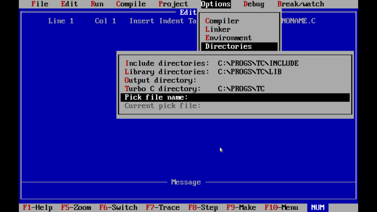 TurboC with a pop up, showing entries of Include Directories, Library Directories, and Turbo C Directory configured to C:\PROGS\TC\INCLUDE C:\PROGS\TC\LIB and C:\PROGS\TC