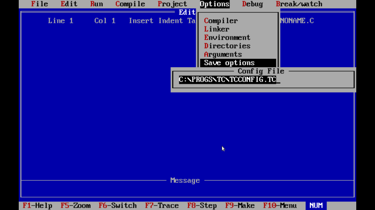 TurboC with a popup showing a Save Options location of C:\PROGS\TC\TCCONFIG.TC